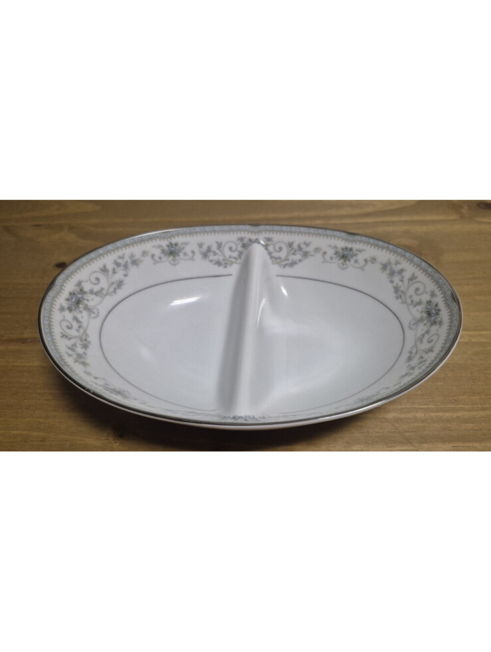 Noritake Colburn China 6107 Oval Divided Vegetable Serving Bowl ~ Blue & Silver